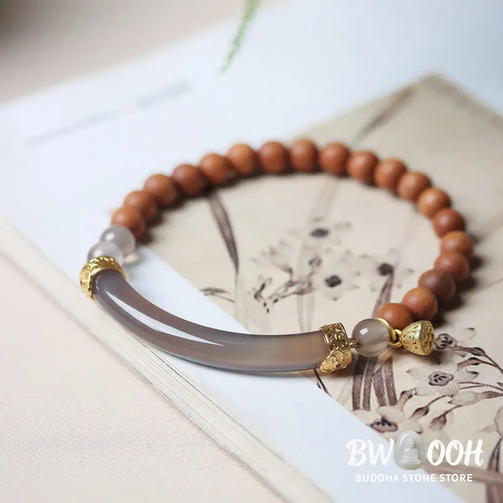 Buddha Stones Sandalwood Gray Agate Chalcedony Cuff Half Bracelet Bangle - BWOOOH - Bracelet