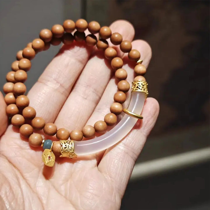Buddha Stones Sandalwood Gray Agate Chalcedony Cuff Half Bracelet Bangle - BWOOOH - Chalcedony Black Sandalwood Double