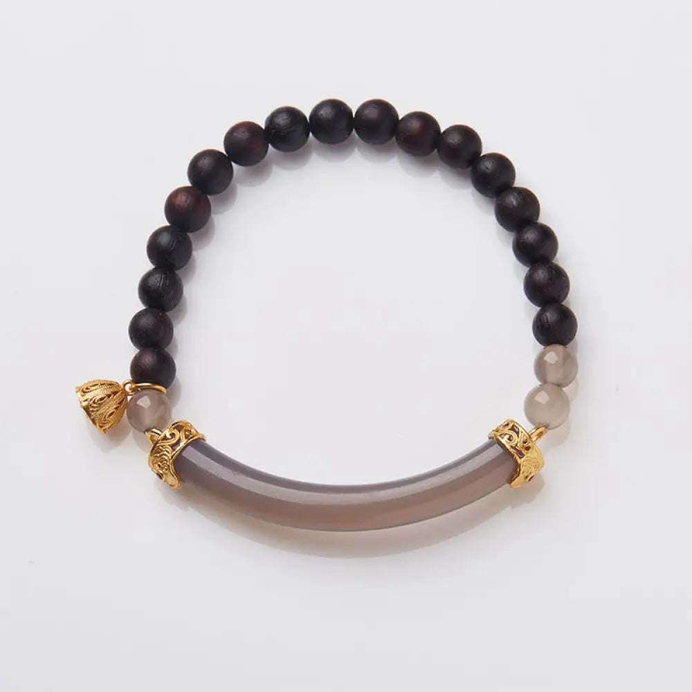 Buddha Stones Sandalwood Gray Agate Chalcedony Cuff Half Bracelet Bangle - BWOOOH - Gray Agate Black Sandalwood(Wrist