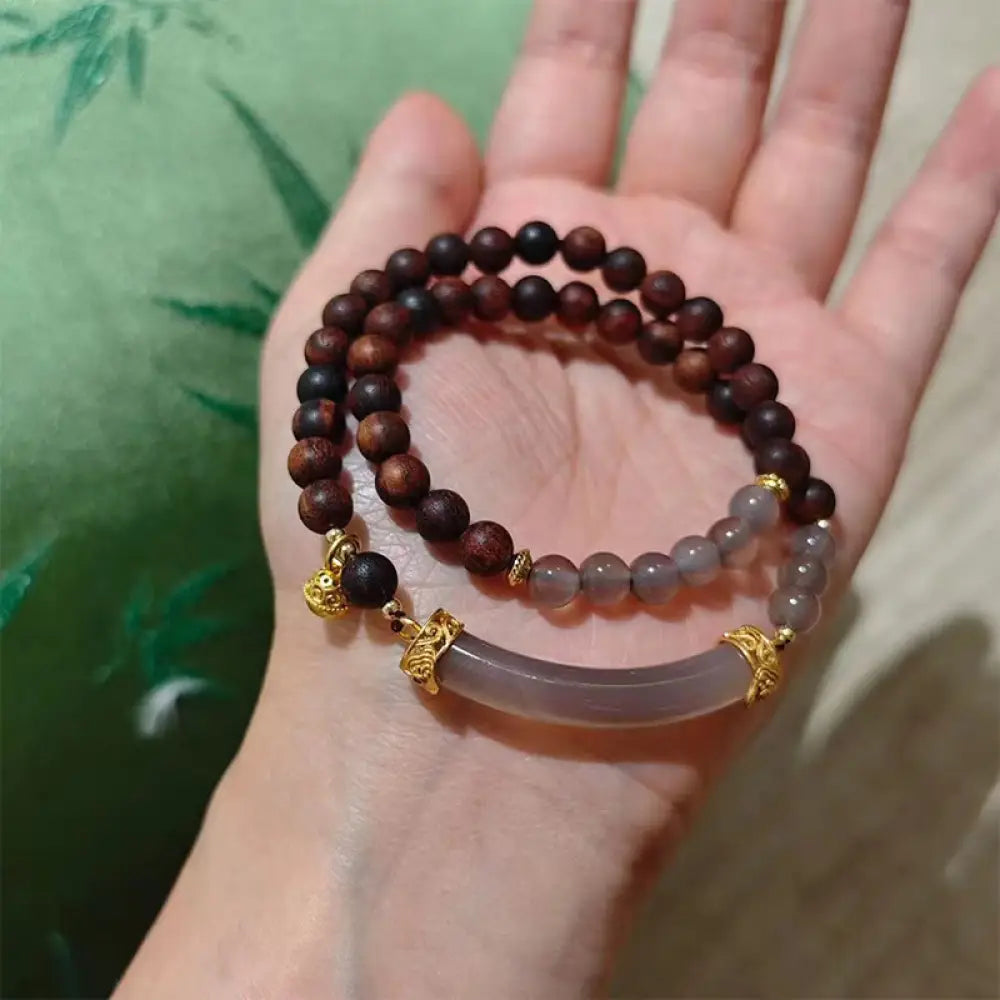 Buddha Stones Sandalwood Gray Agate Chalcedony Cuff Half Bracelet Bangle - BWOOOH - Gray Agate Sandalwood Double