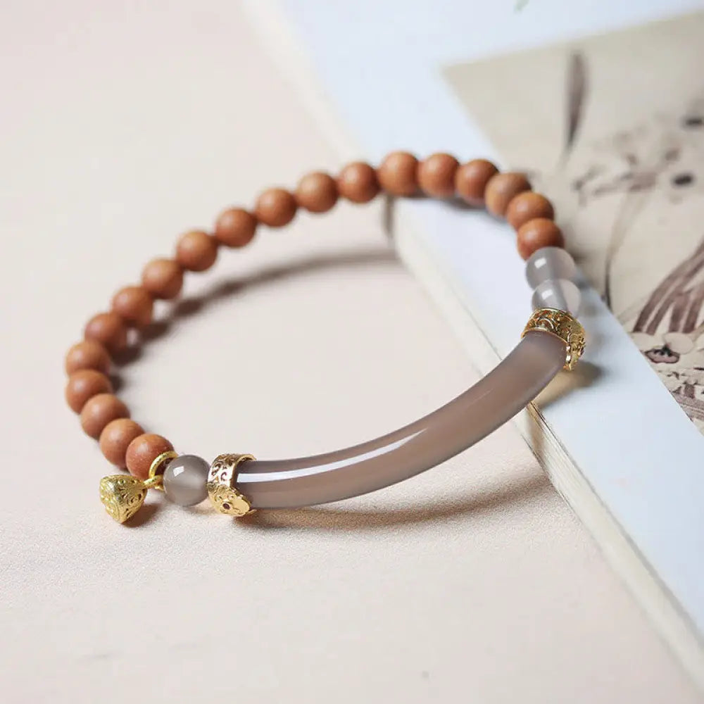 BWOOOH Sandalwood Gray Agate Chalcedony Cuff Half Bracelet Bangle - BWOOOH - Gray Agate Sandalwood(Wrist