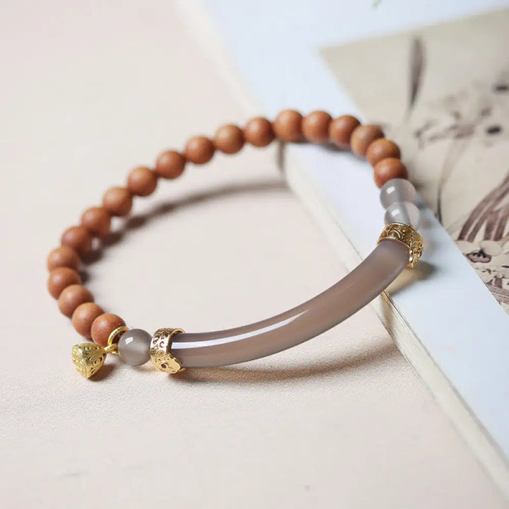 BWOOOH Sandalwood Gray Agate Chalcedony Cuff Half Bracelet Bangle - BWOOOH - Gray Agate Sandalwood(Wrist