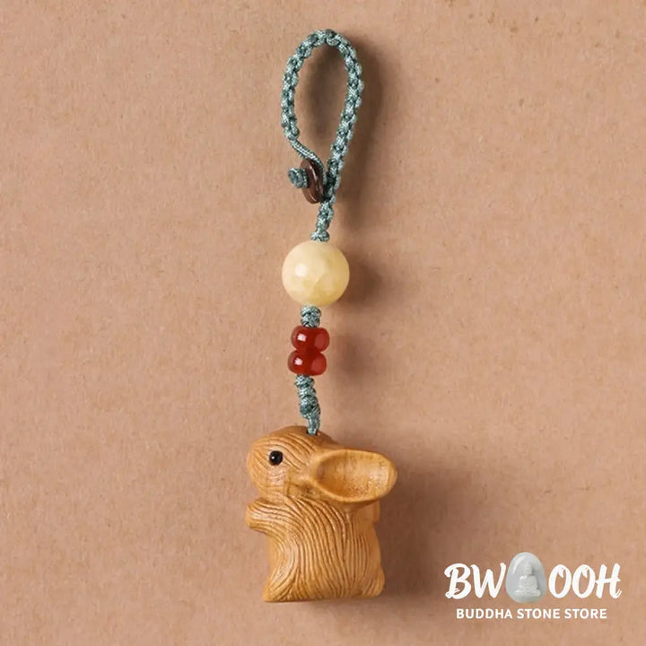 Buddha Stones Sandalwood Small Leaf Red Sandalwood Lucky Mini Rabbit Protection Key Chain Phone Hanging Decoration