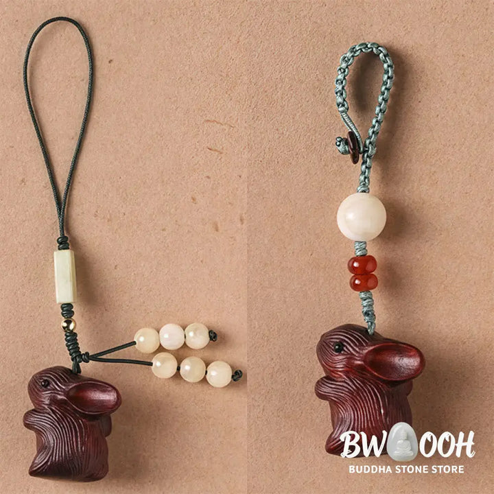 Buddha Stones Sandalwood Small Leaf Red Sandalwood Lucky Mini Rabbit Protection Key Chain Phone Hanging Decoration