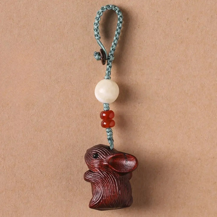 Buddha Stones Sandalwood Small Leaf Red Sandalwood Lucky Mini Rabbit Protection Key Chain Phone Hanging Decoration