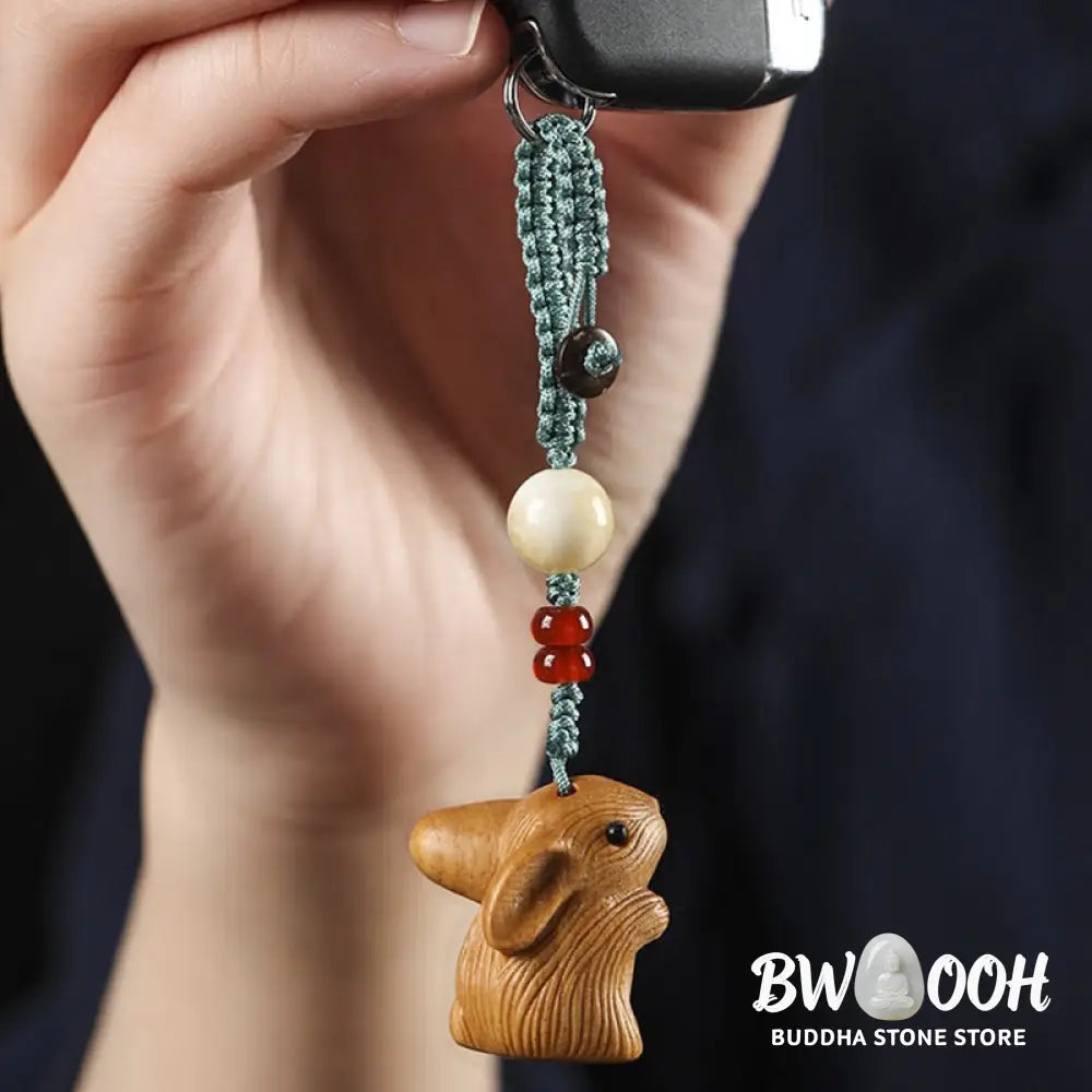 Buddha Stones Sandalwood Small Leaf Red Sandalwood Lucky Mini Rabbit Protection Key Chain Phone Hanging Decoration