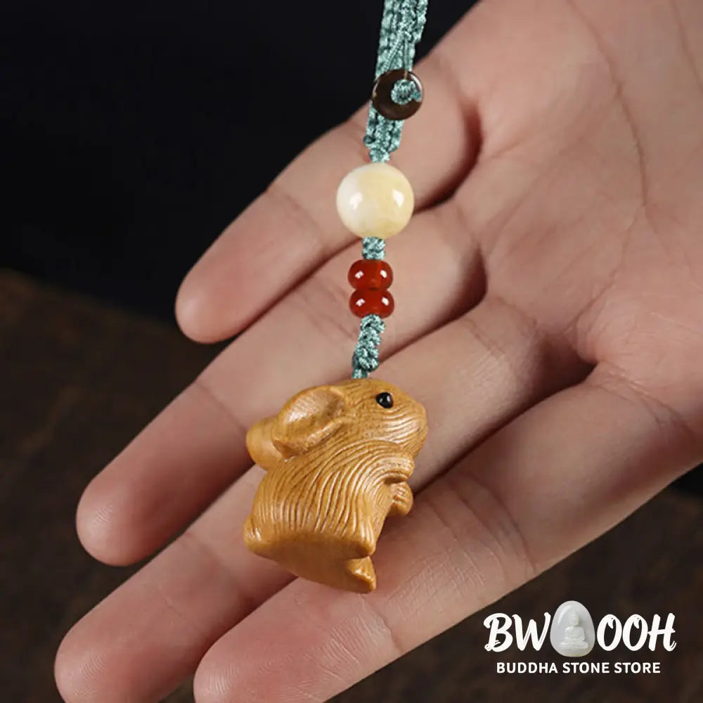 Buddha Stones Sandalwood Small Leaf Red Sandalwood Lucky Mini Rabbit Protection Key Chain Phone Hanging Decoration