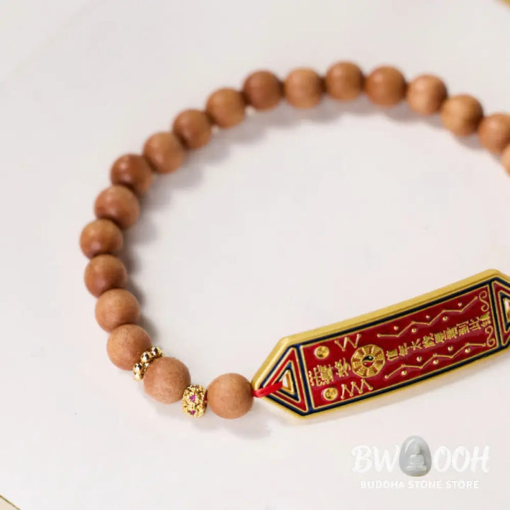 Buddha Stones Sandalwood Wood Bead Gold Plated Copper Bagua Yin Yang Chinese Character Harmony Bracelet - BWOOOH