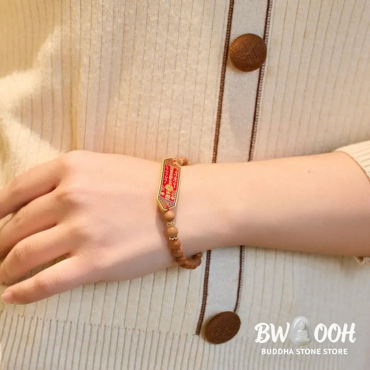 Buddha Stones Sandalwood Wood Bead Gold Plated Copper Bagua Yin Yang Chinese Character Harmony Bracelet - BWOOOH