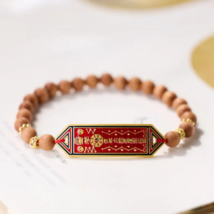 BWOOOH Sandalwood Wood Bead Gold Plated Copper Bagua Yin Yang Chinese Character Harmony Bracelet - BWOOOH