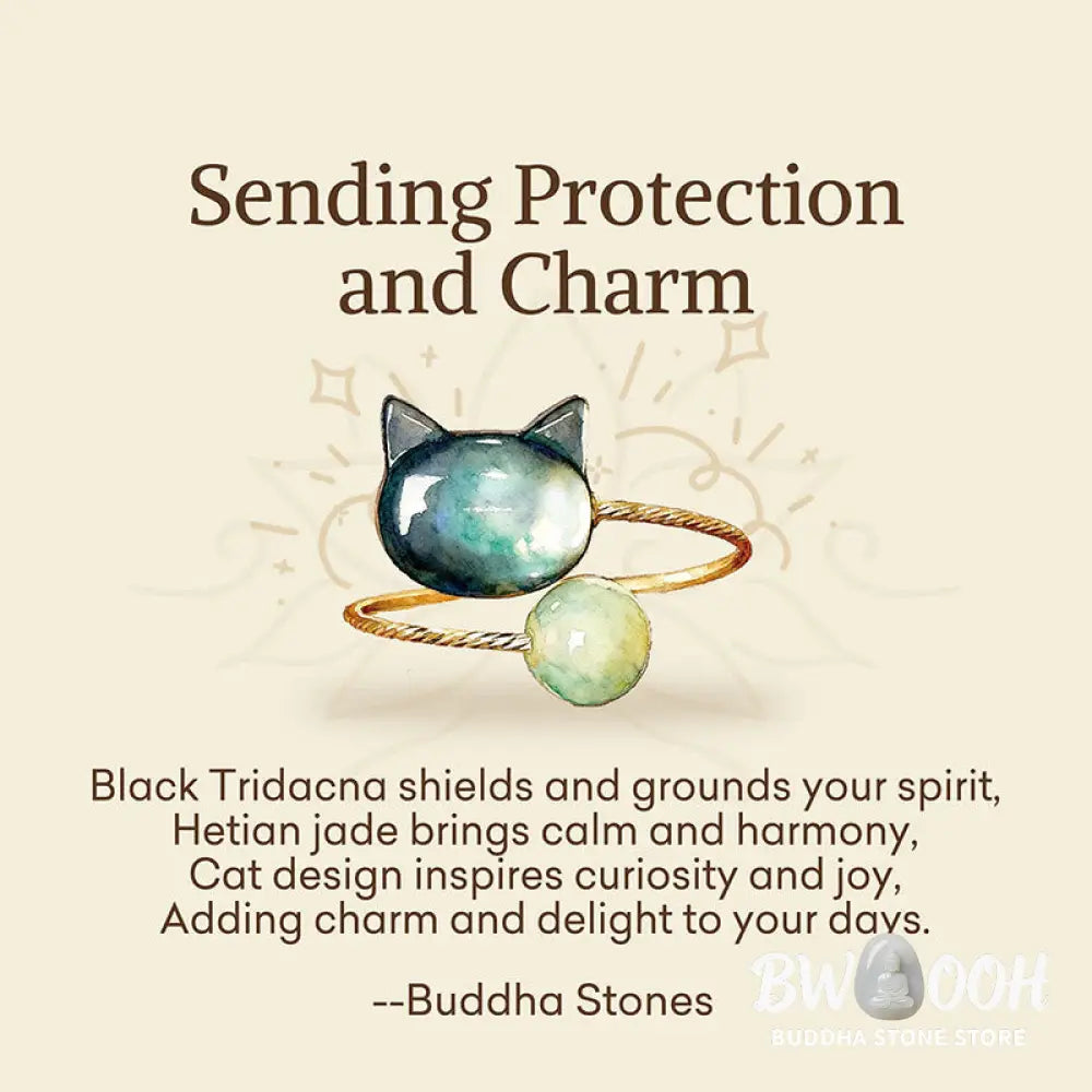 Buddha Stones ’Sending Protection and Charm’ Tridacna Stone Cat Ring Includes Gift Message Card - Ring