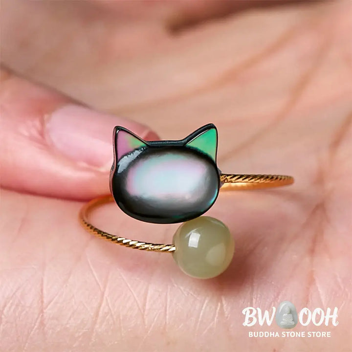 Buddha Stones ’Sending Protection and Charm’ Tridacna Stone Cat Ring Includes Gift Message Card - Ring