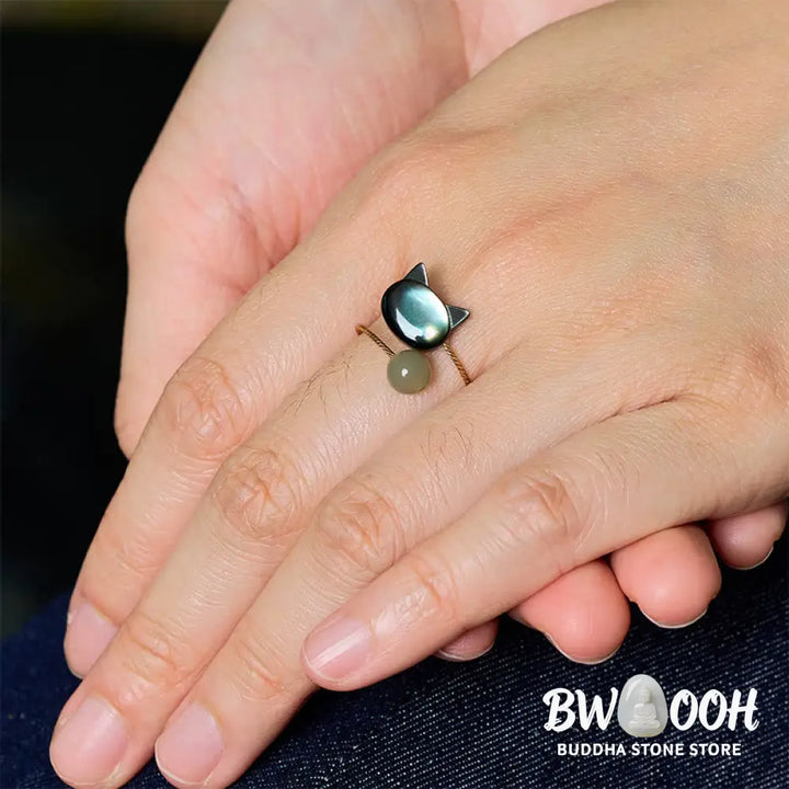 Buddha Stones ’Sending Protection and Charm’ Tridacna Stone Cat Ring Includes Gift Message Card - Ring