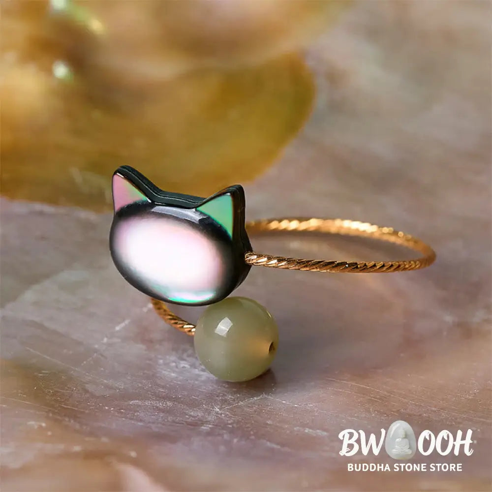 Buddha Stones ’Sending Protection and Charm’ Tridacna Stone Cat Ring Includes Gift Message Card - Ring