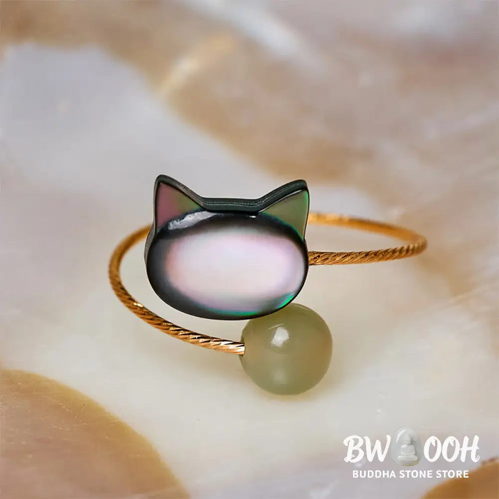 Buddha Stones ’Sending Protection and Charm’ Tridacna Stone Cat Ring Includes Gift Message Card - Ring