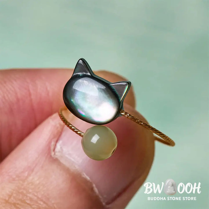 Buddha Stones ’Sending Protection and Charm’ Tridacna Stone Cat Ring Includes Gift Message Card - Ring