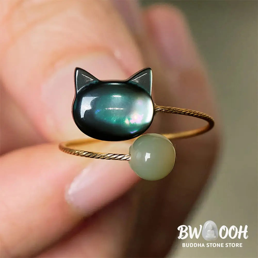 Buddha Stones ’Sending Protection and Charm’ Tridacna Stone Cat Ring Includes Gift Message Card - Ring