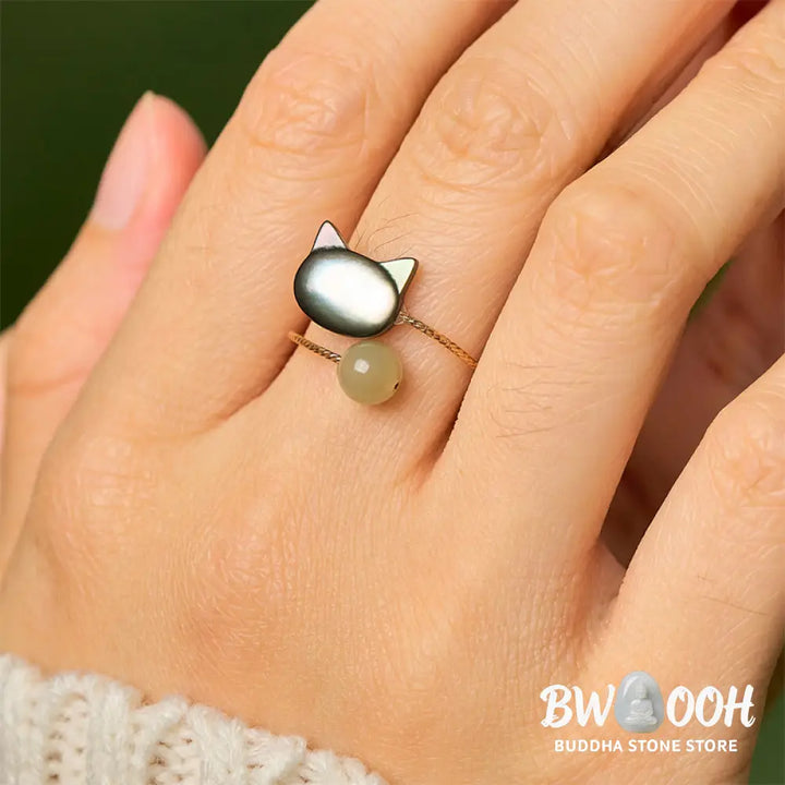 Buddha Stones ’Sending Protection and Charm’ Tridacna Stone Cat Ring Includes Gift Message Card - Ring