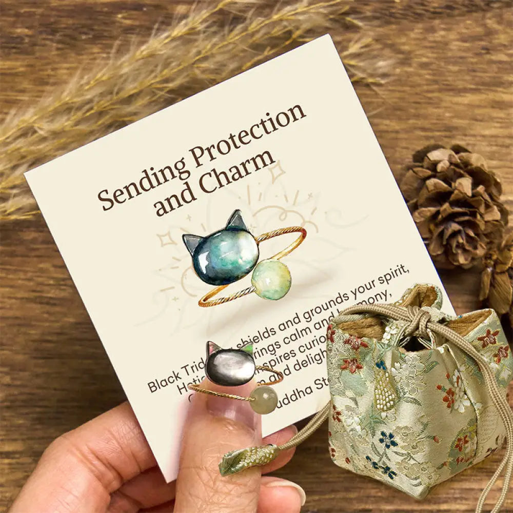 Buddha Stones ’Sending Protection and Charm’ Tridacna Stone Cat Ring Includes Gift Message Card - Adjustable / Deluxe