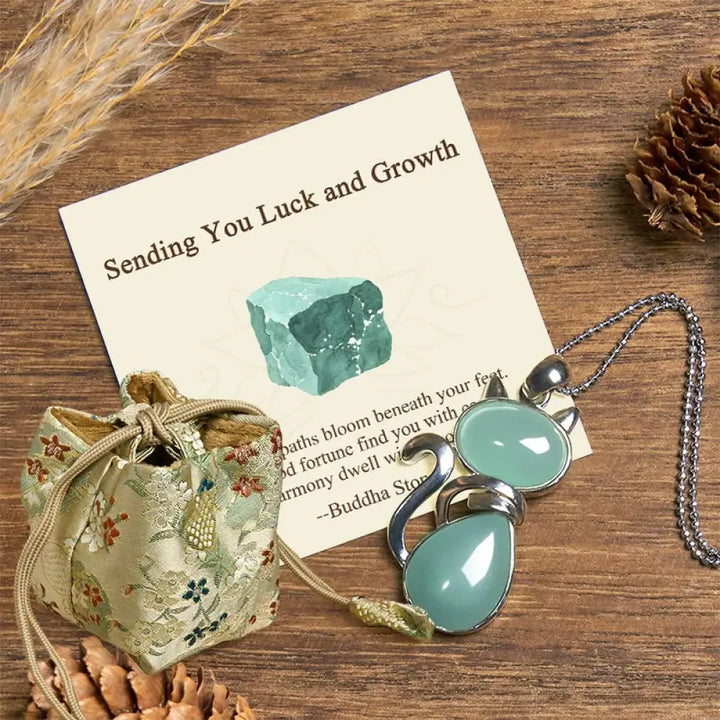 Buddha Stones ’Sending You Luck and Growth’ Cat Green Aventurine Necklace Includes Gift Message Card - BWOOOH - Green