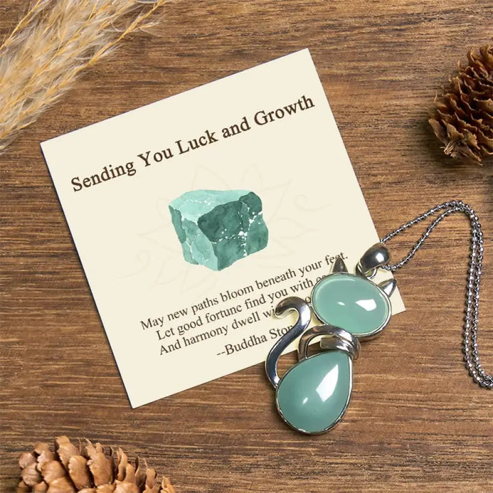 Buddha Stones ’Sending You Luck and Growth’ Cat Green Aventurine Necklace Includes Gift Message Card - BWOOOH - Green