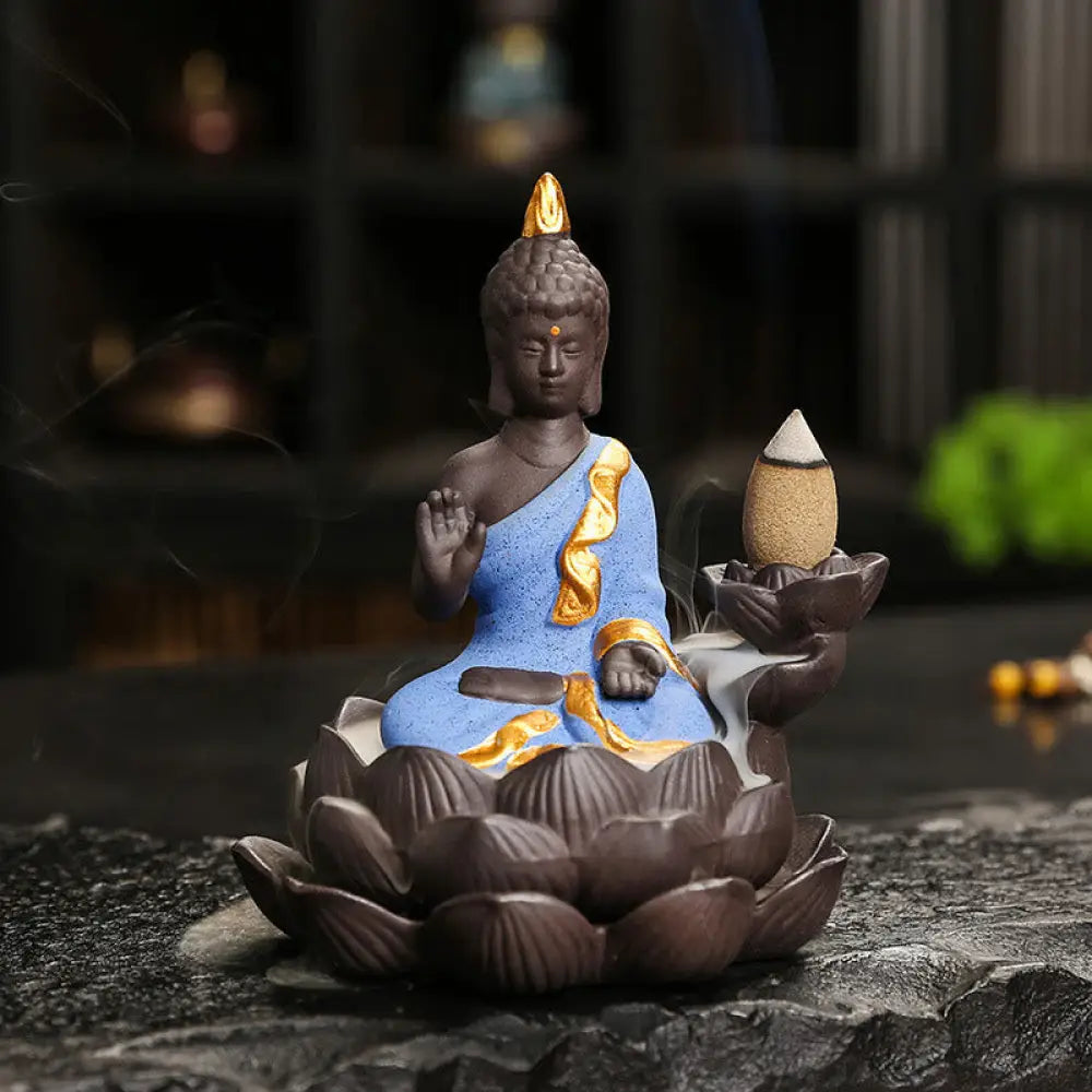 Buddha Stones Buddha Serenity Home Decoration Incense Burner - Blue Buddha Ponder(9.1*7.8*10.7 cm) - Incense Burner