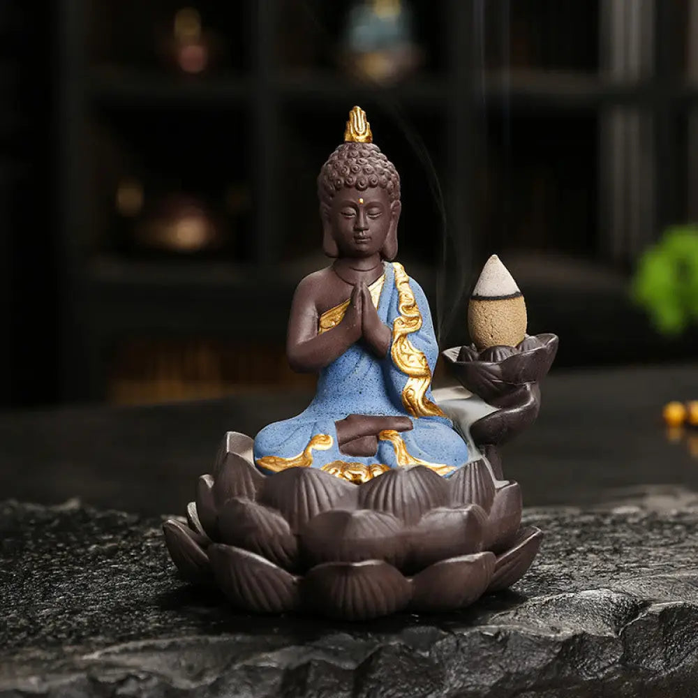 Buddha Stones Buddha Serenity Home Decoration Incense Burner - Blue Buddha Pray For Blessings(9.1*7.8*10.7 cm)