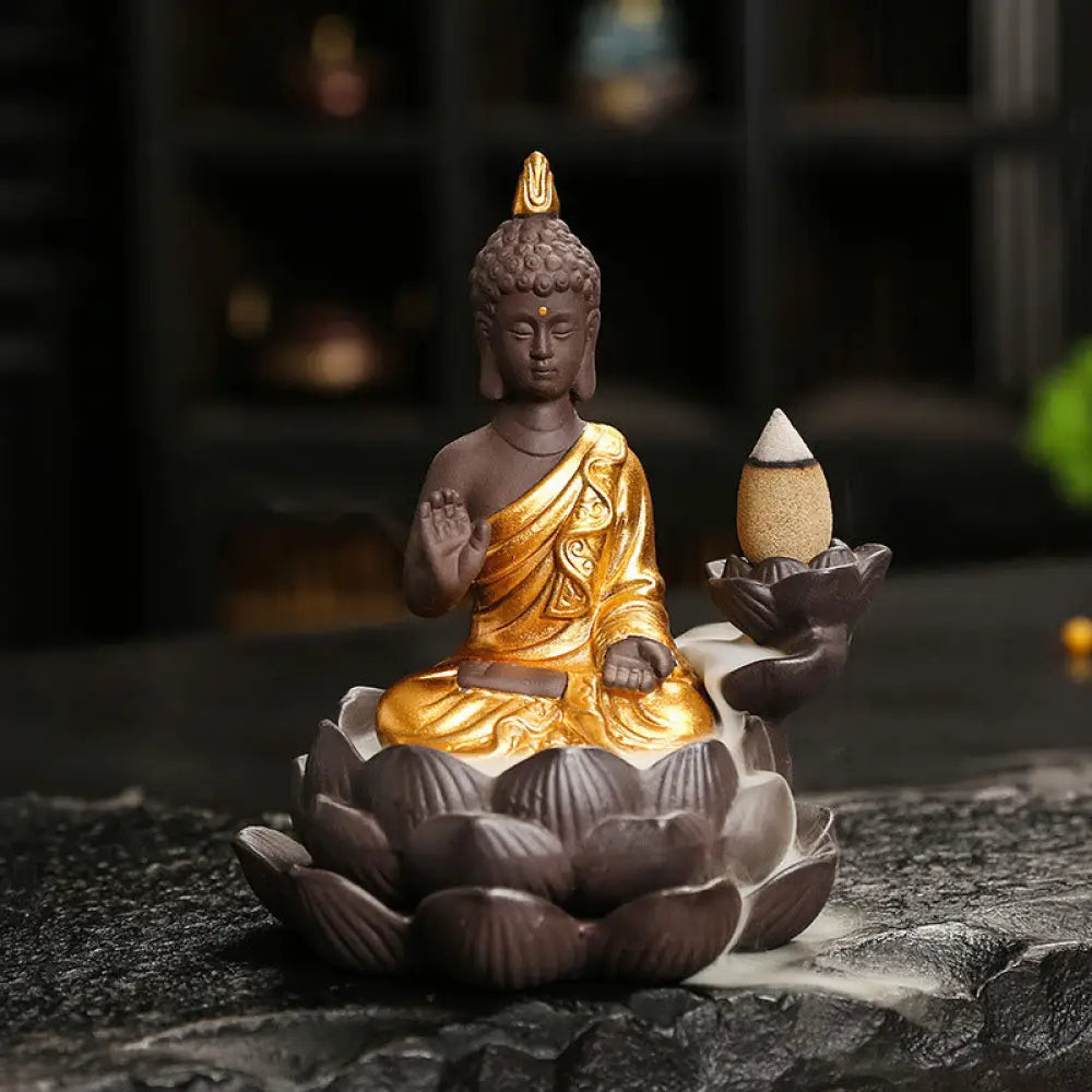 Buddha Stones Buddha Serenity Home Decoration Incense Burner - Golden Buddha Ponder(9.1*7.8*10.7 cm) - Incense Burner