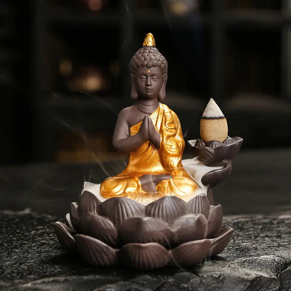 Buddha Stones Buddha Serenity Home Decoration Incense Burner - Golden Buddha Pray For Blessings(9.1*7.8*10.7 cm)