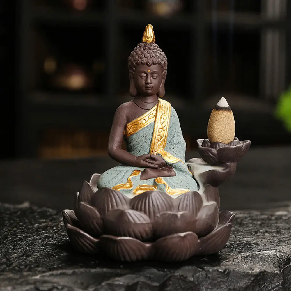 Buddha Stones Buddha Serenity Home Decoration Incense Burner - Green Buddha Meditation(9.1*7.8*10.7 cm) - Incense Burner