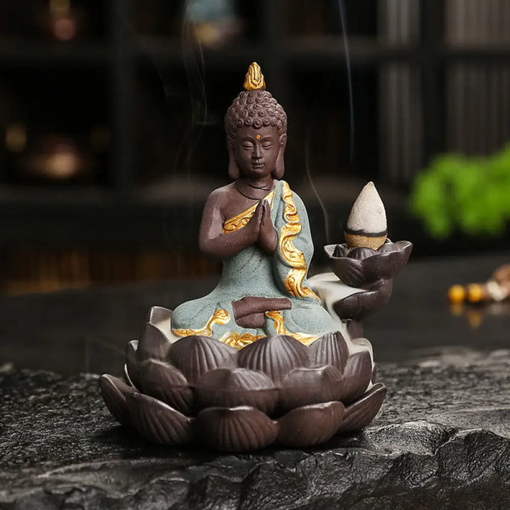 Buddha Stones Buddha Serenity Home Decoration Incense Burner - Green Buddha Pray For Blessings(9.1*7.8*10.7 cm)