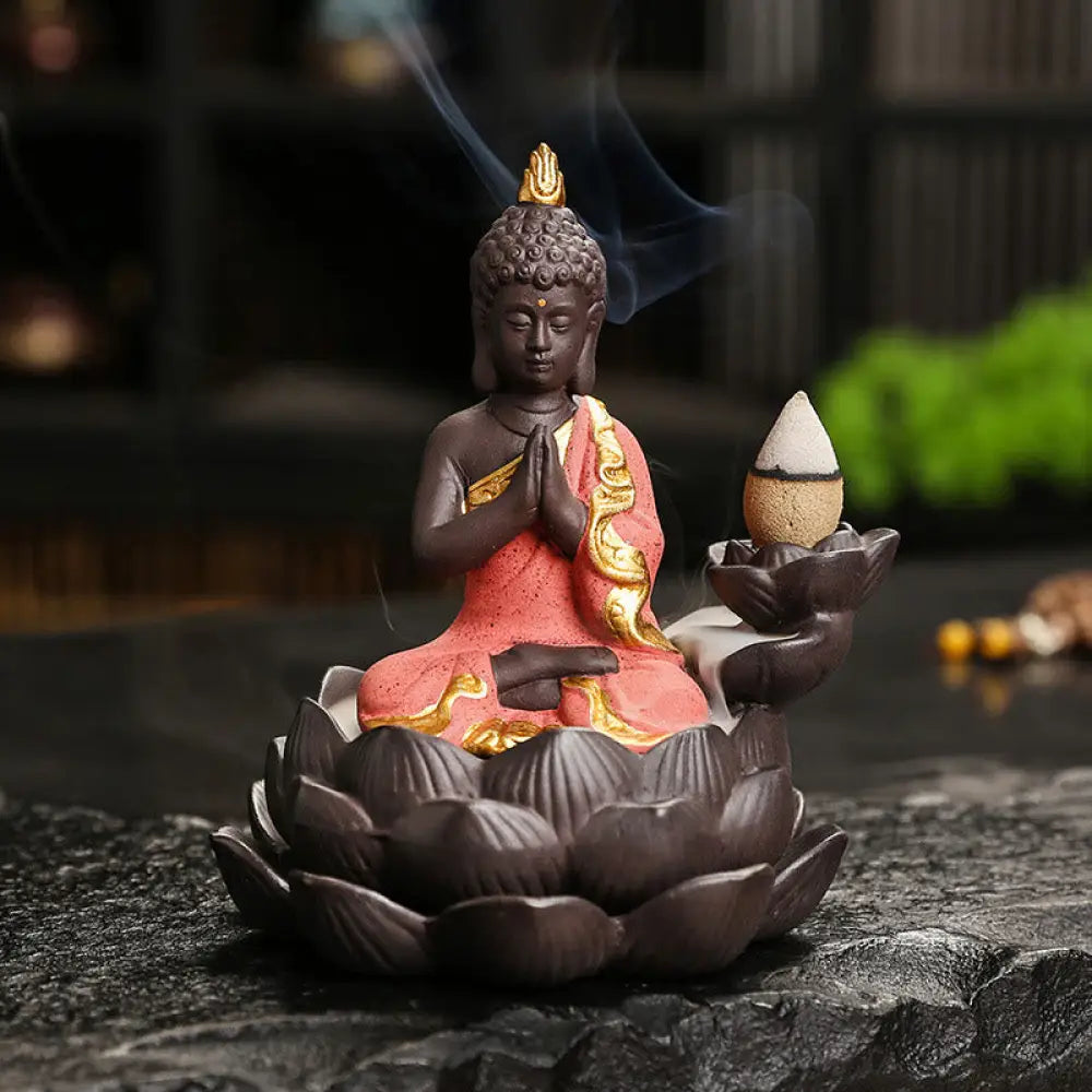Buddha Stones Buddha Serenity Home Decoration Incense Burner - Red Buddha Pray For Blessings(9.1*7.8*10.7 cm) - Incense