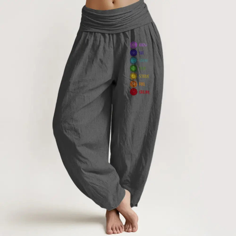 Buddha Stones Seven Chakras Print Pattern Women’s Elastic Waist Harem Pure Cotton Pants - Gray / US2，UK/AU6，EU34 (XS)