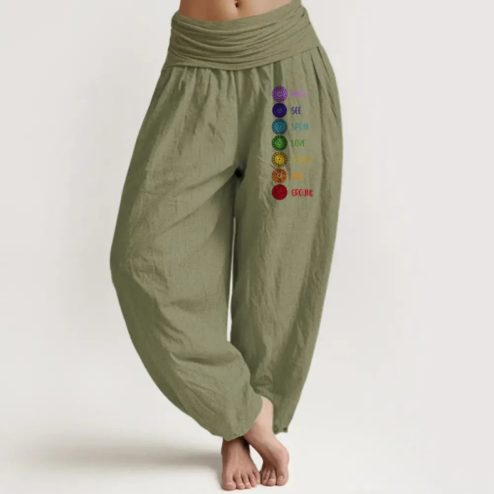 Buddha Stones Seven Chakras Print Pattern Women’s Elastic Waist Harem Pure Cotton Pants - OliveDrab / US2，UK/AU6，EU34