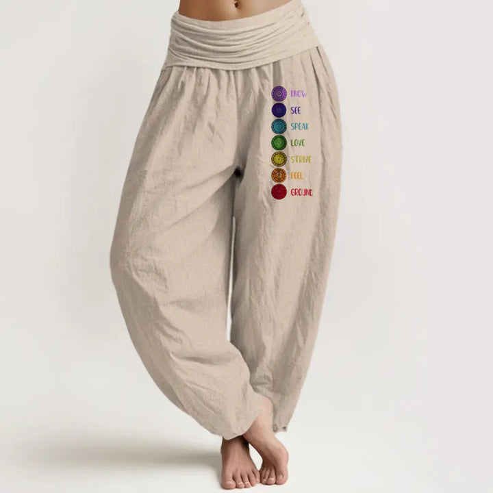 Buddha Stones Seven Chakras Print Pattern Women’s Elastic Waist Harem Pure Cotton Pants - Tan / US2，UK/AU6，EU34 (XS)