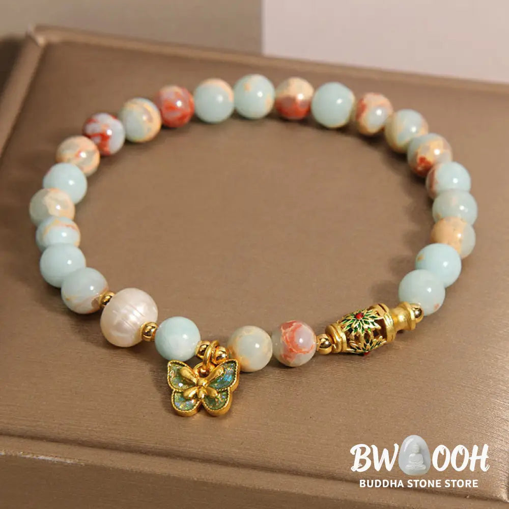 Buddha Stones Shoushan Stone Pearl Butterfly Wealth Bracelet - BWOOOH - Shoushan Stone(Wrist Circumference: 14-17cm)