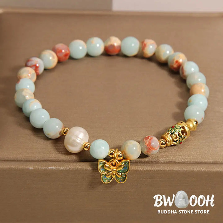 Buddha Stones Shoushan Stone Pearl Butterfly Wealth Bracelet - BWOOOH - Shoushan Stone(Wrist Circumference: 14-17cm)