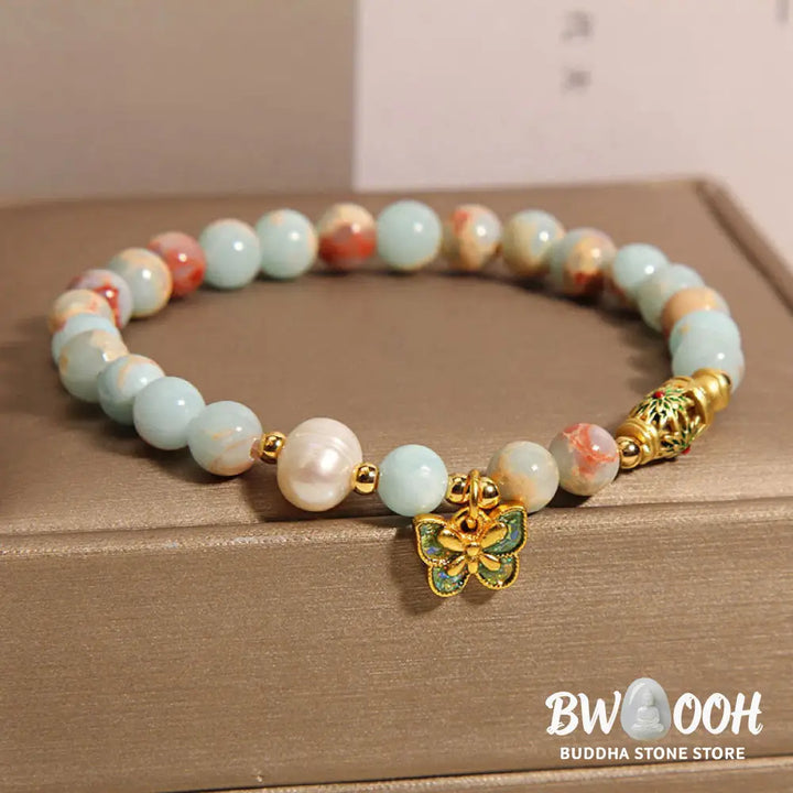Buddha Stones Shoushan Stone Pearl Butterfly Wealth Bracelet - BWOOOH - Shoushan Stone(Wrist Circumference: 14-17cm)