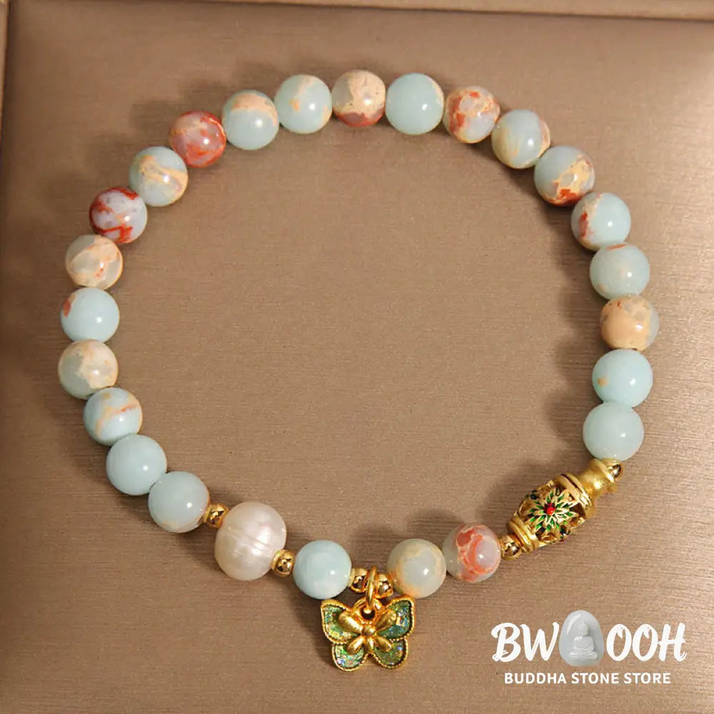 Buddha Stones Shoushan Stone Pearl Butterfly Wealth Bracelet - BWOOOH - Shoushan Stone(Wrist Circumference: 14-17cm)