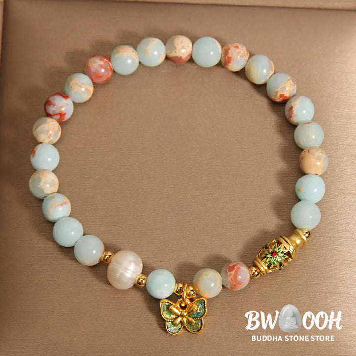 Buddha Stones Shoushan Stone Pearl Butterfly Wealth Bracelet - BWOOOH - Shoushan Stone(Wrist Circumference: 14-17cm)