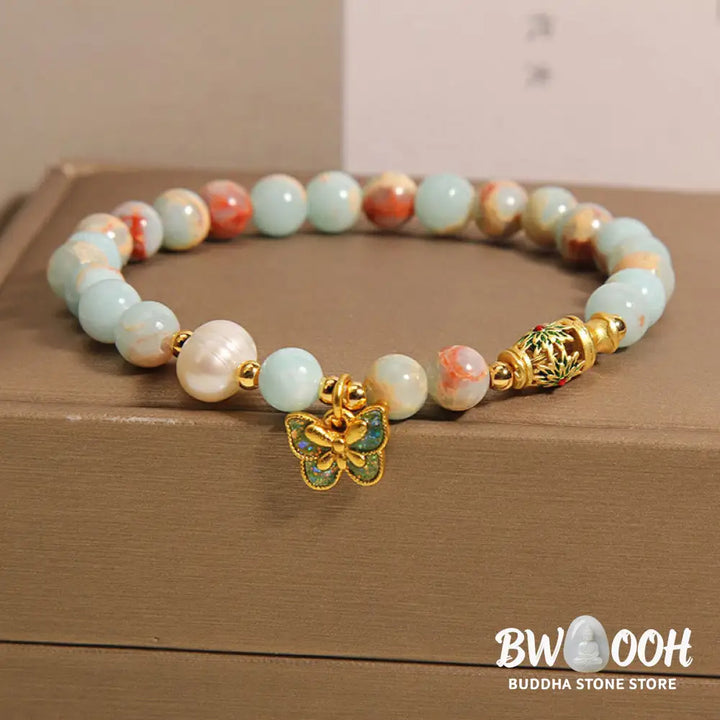 Buddha Stones Shoushan Stone Pearl Butterfly Wealth Bracelet - BWOOOH - Shoushan Stone(Wrist Circumference: 14-17cm)