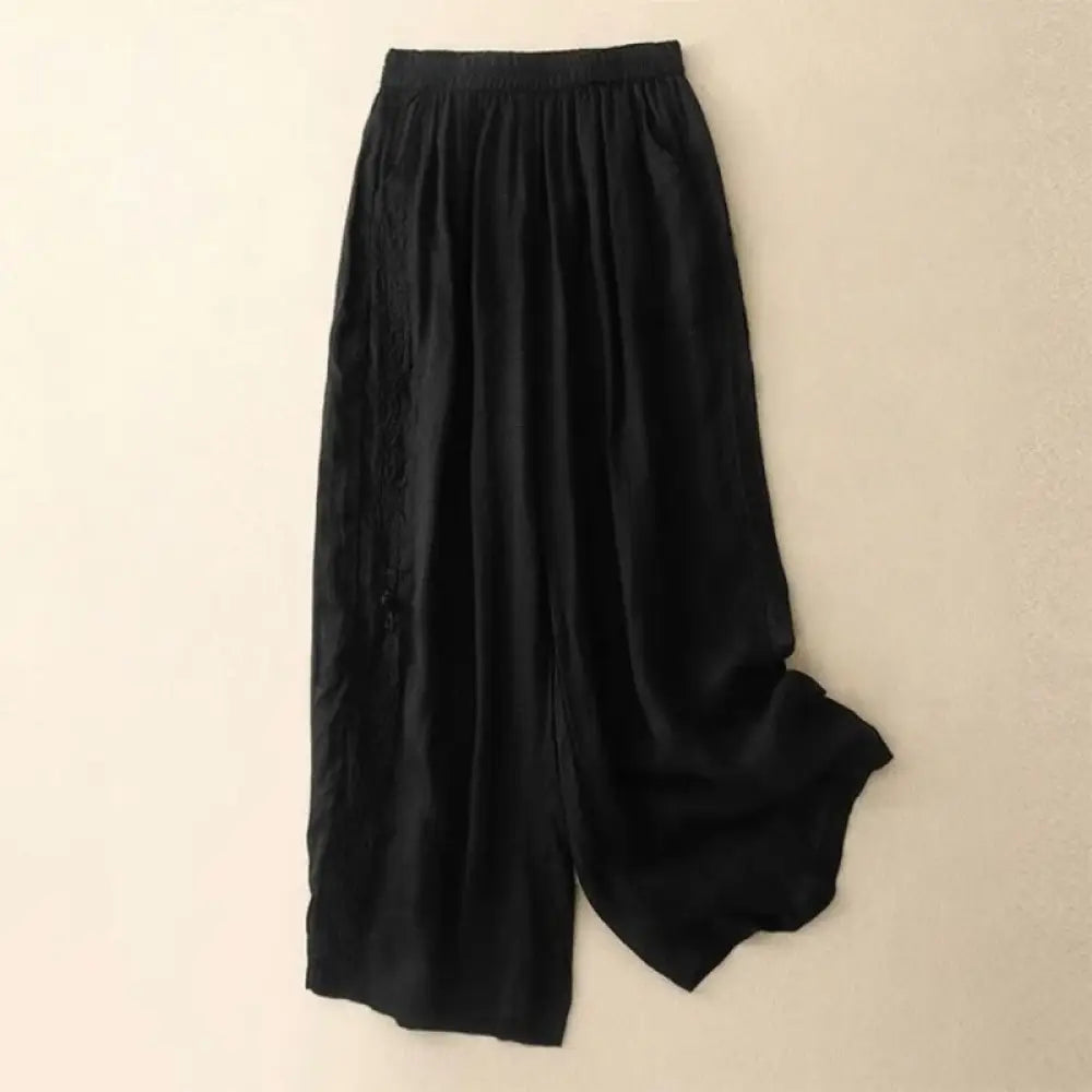 Buddha Stones Side Embroidery Design Women’s 7-8 Length Wide Leg Pants With Pockets - Black / US4，UK/AU8，EU36 (L)