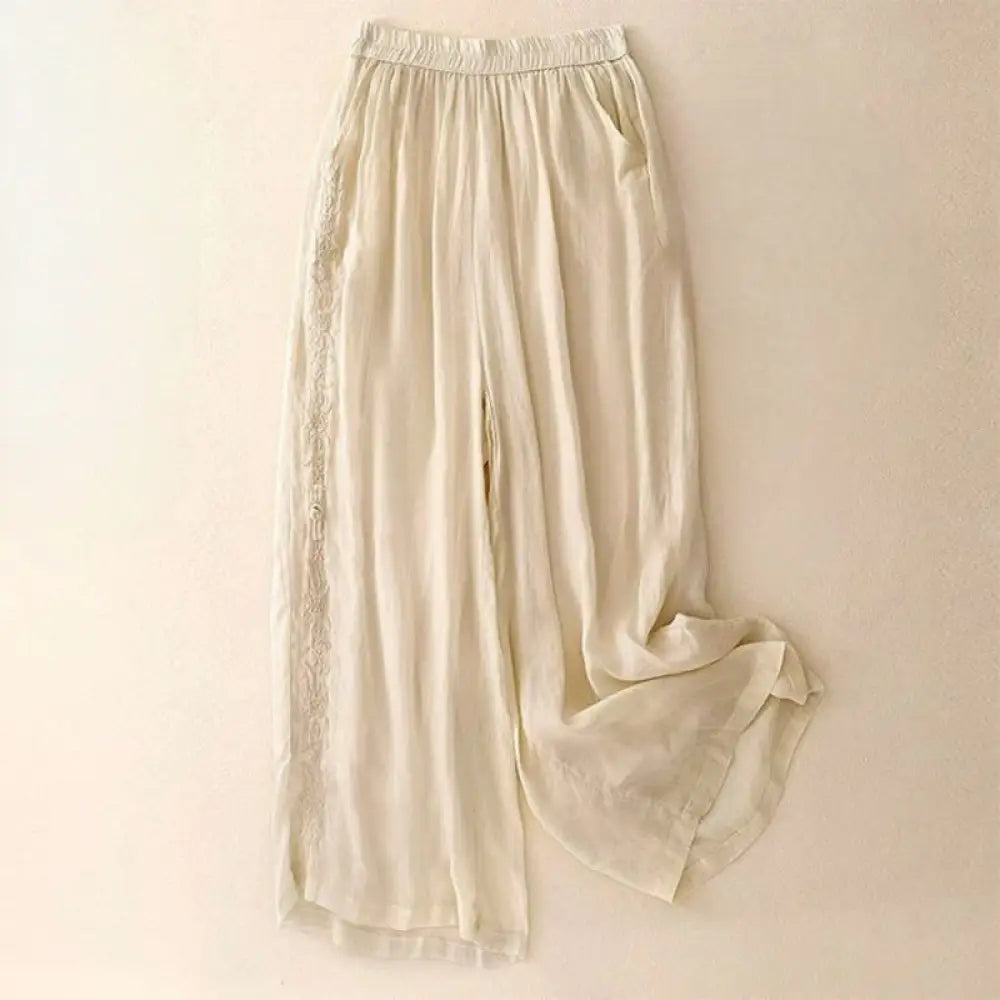 Buddha Stones Side Embroidery Design Women’s 7-8 Length Wide Leg Pants With Pockets - LemonChiffon / US4，UK/AU8，EU36