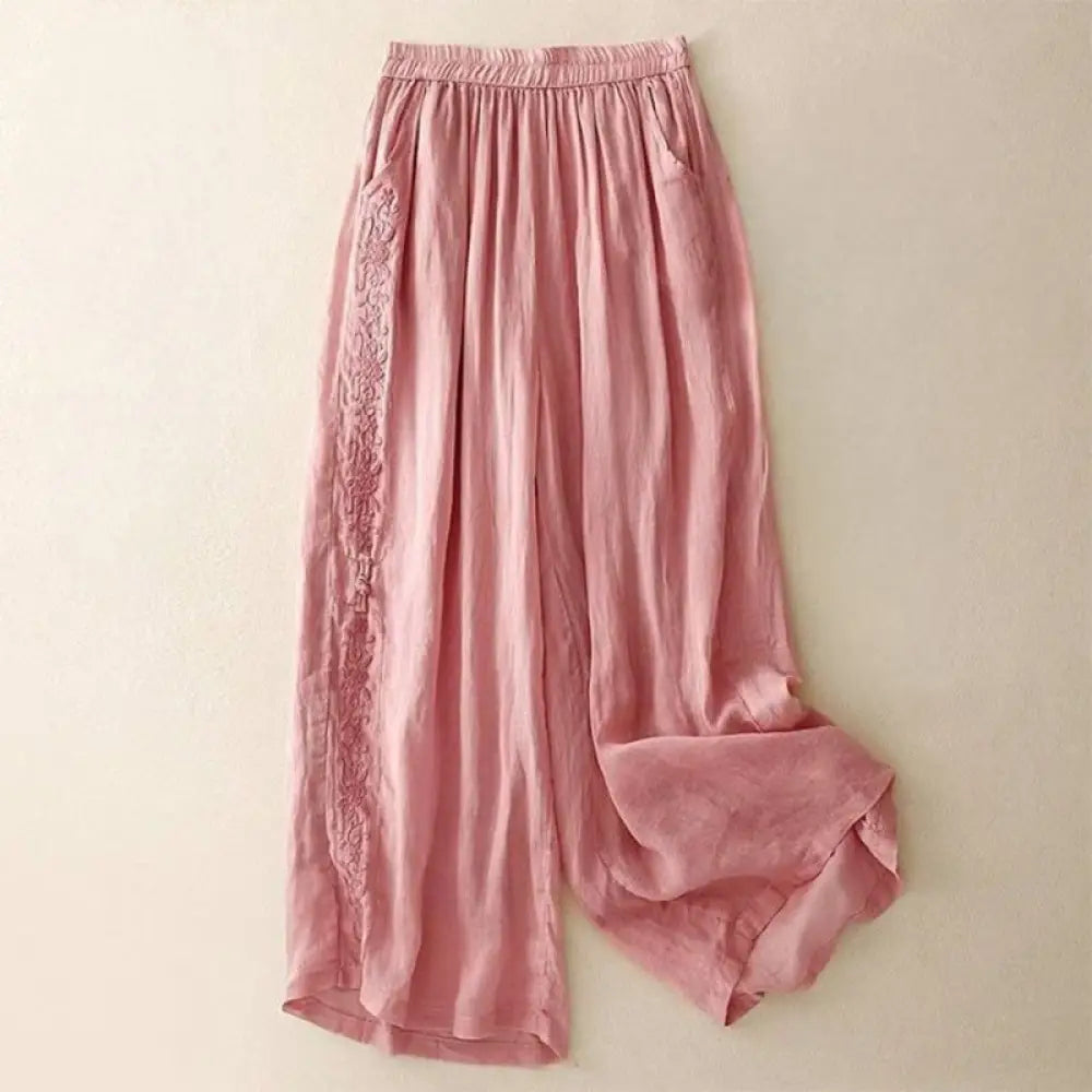 Buddha Stones Side Embroidery Design Women’s 7-8 Length Wide Leg Pants With Pockets - Pink / US4，UK/AU8，EU36 (L)