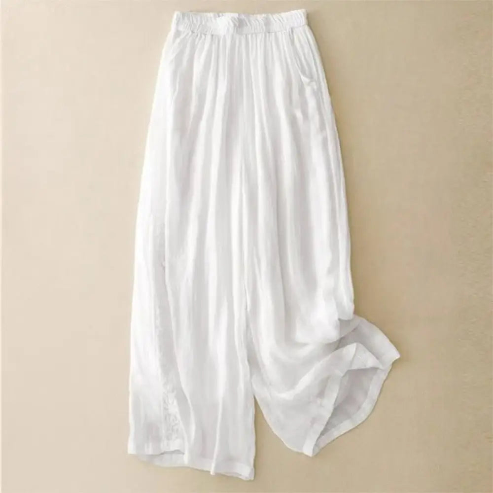 Buddha Stones Side Embroidery Design Women’s 7-8 Length Wide Leg Pants With Pockets - White / US4，UK/AU8，EU36 (L)