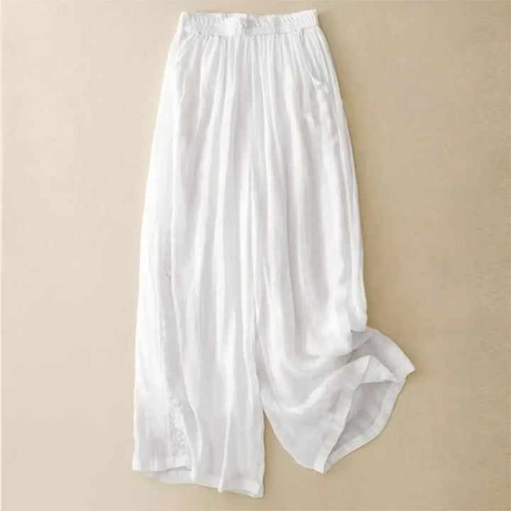 Buddha Stones Side Embroidery Design Women’s 7-8 Length Wide Leg Pants With Pockets - White / US4，UK/AU8，EU36 (L)