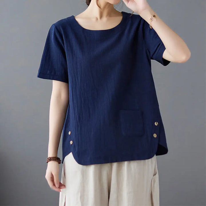Buddha Stones Side Slit Design Women’s Cotton Linen Crew Neck Short Sleeve T-Shirt Wtih Pocket - Navy / US4，UK/AU8，EU36
