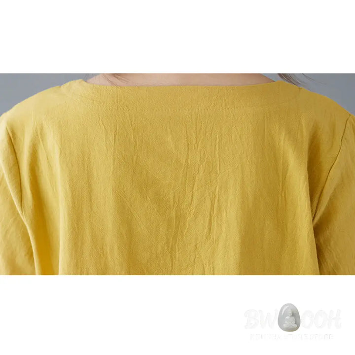 Buddha Stones Side Slit Design Women’s Cotton Linen Crew Neck Short Sleeve T-Shirt Wtih Pocket - Women’s T-Shirts