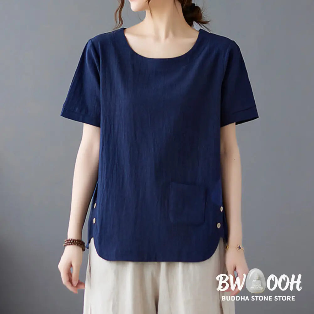 Buddha Stones Side Slit Design Women’s Cotton Linen Crew Neck Short Sleeve T-Shirt Wtih Pocket - Women’s T-Shirts