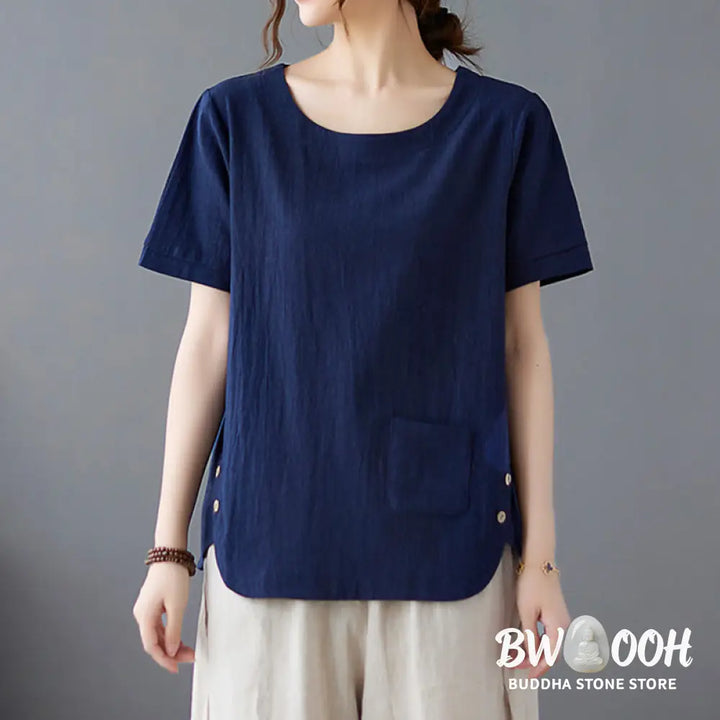 Buddha Stones Side Slit Design Women’s Cotton Linen Crew Neck Short Sleeve T-Shirt Wtih Pocket - Women’s T-Shirts